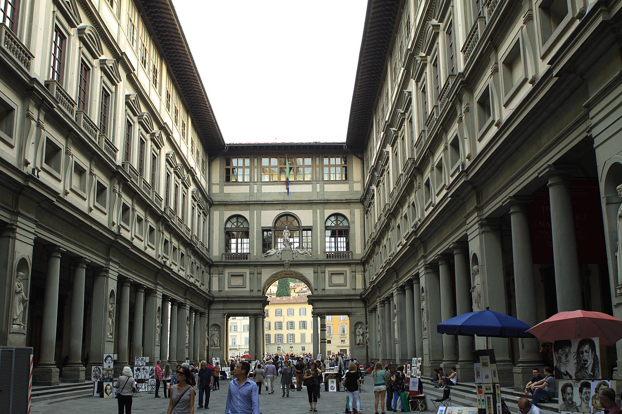 The Uffizi Gallery courtyard looking toward the Arno, Florence